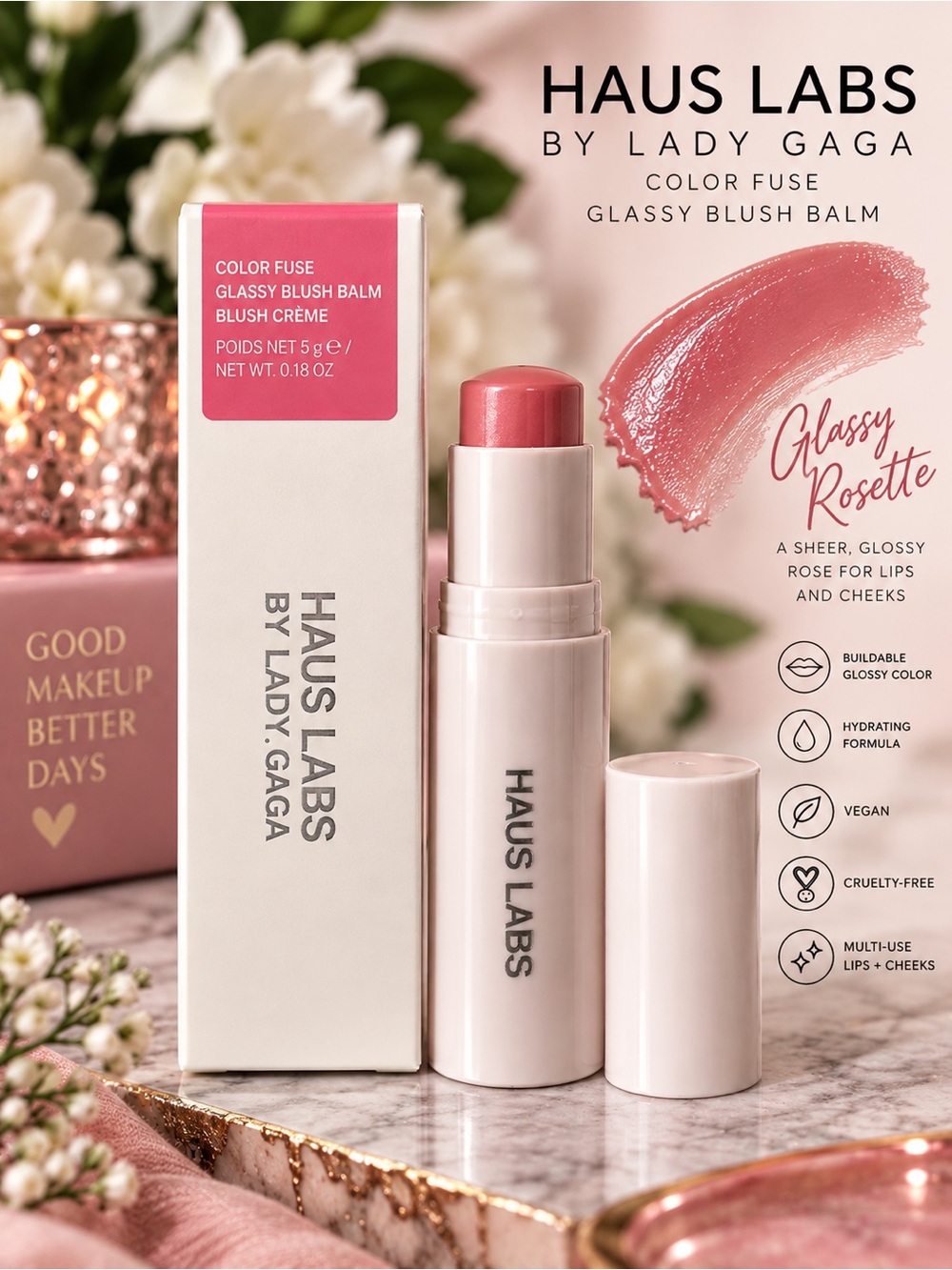 HAUS LABS Color Fuse Glassy Blush Balm Glassy Rosette Lip Cheek Stick
